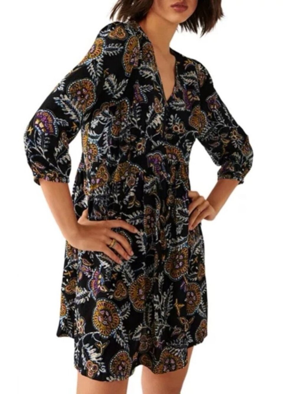 ba&sh Volver Gathered Floral Print Crepe Mini Dress Black Boho Flowy
